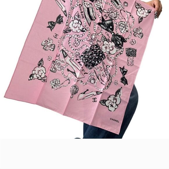 HP AUTHENTIC CHANEL ICONIC CC COCOMARK PINK & BLACK SYMBOLS SCARF/ HEADBAND - Picture 3 of 9